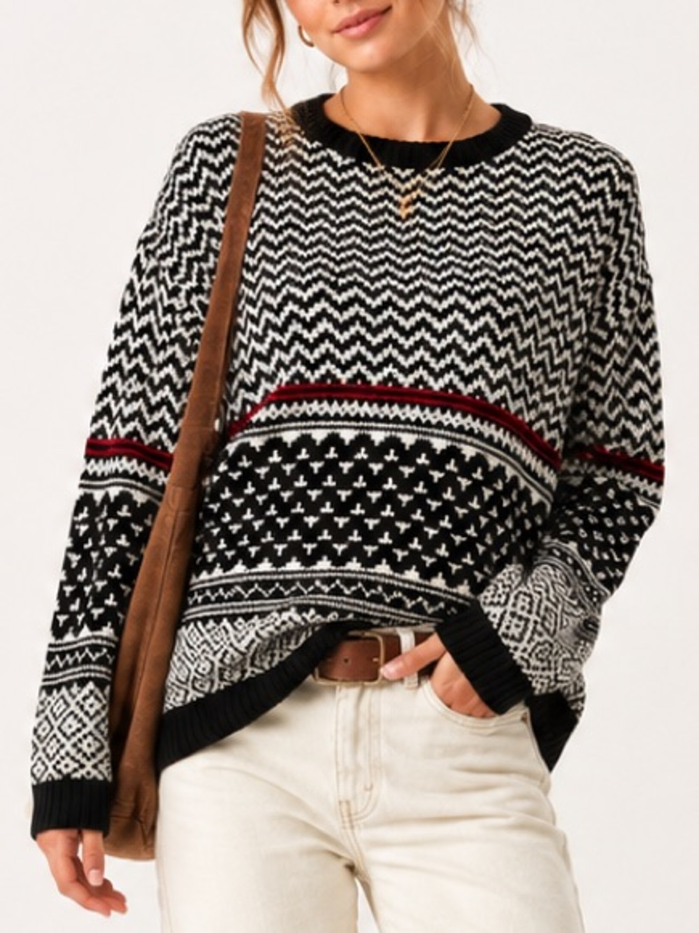 Confess Fair Isle Nordic Knit Sweater Black White Preppy Apres Ski Large